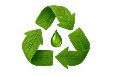 Green leaves forming a recycling symbol with a water drop, representing eco-friendly sustainability and environmental conservation
