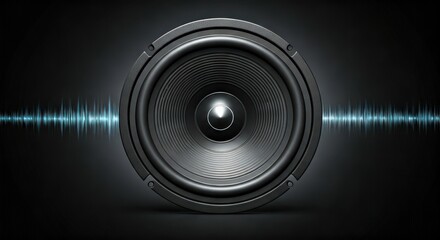 Large, black speaker emitting blue sound waves on a dark background