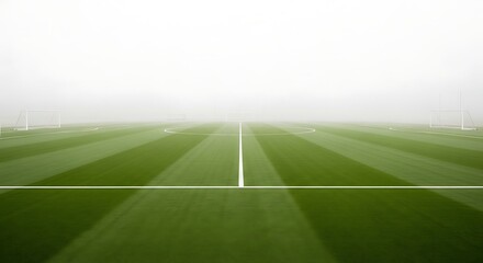 Obraz premium Soccer field with green grass and white lines in the mist, perfect for sports competitions