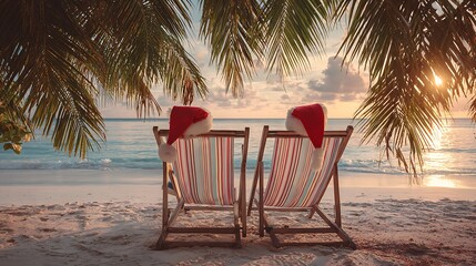 Two striped deckcharis with red hat on the beach with beautiful sunset