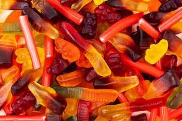 Assorted colorful gummy candies. Top view. Jelly sweets