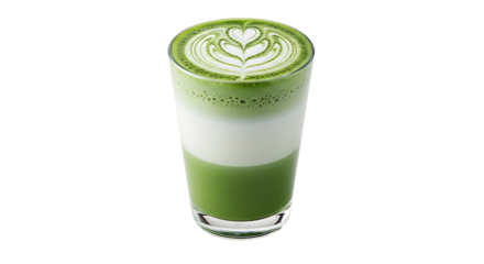 Close-up of a layered matcha latte in a clear glass, showcasing the vibrant green hues and intricate latte art design.