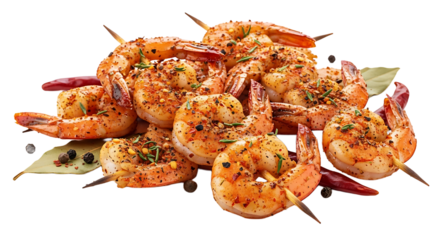 Pile of grilled shrimp skewers seasoned with herbs and spices, served with bay leaves and spicy red peppers