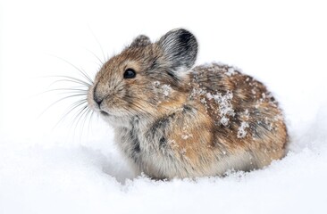 Cute small rodent with fluffy fur and tiny ears sitting in snow outdoors