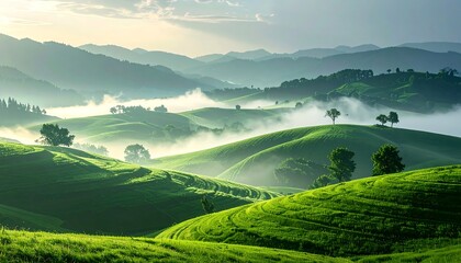Rolling green hills under a misty sky, dotted with trees, create a scenic, peaceful landscape with soft, diffused light