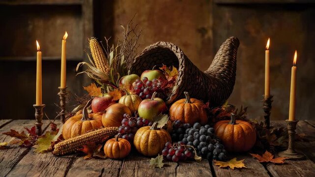 Autumn Harvest Cornucopia with Pumpkins, Grapes, and Corn for Thanksgiving Decor