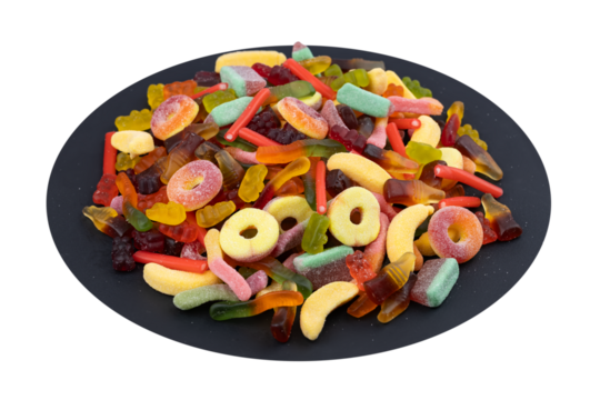 heap jelly candies on stone plate, isolated on white background