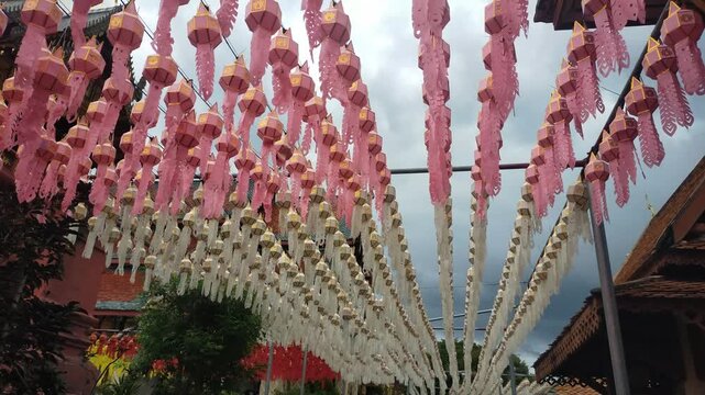 On the full moon day of the twelfth lunar month (Yi Peng in Lanna language) in Thailand, lanterns are lit or hung to symbolize the worship of fire, which symbolizes the path to a bright future and als