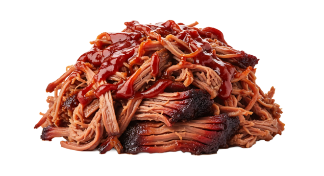 A heaping pile of pulled pork bathed in rich barbecue sauce, ready for your next cookout or picnic gathering now.