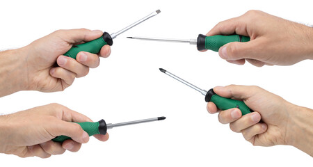 Hand holding a green and black screwdriver isolated over white background