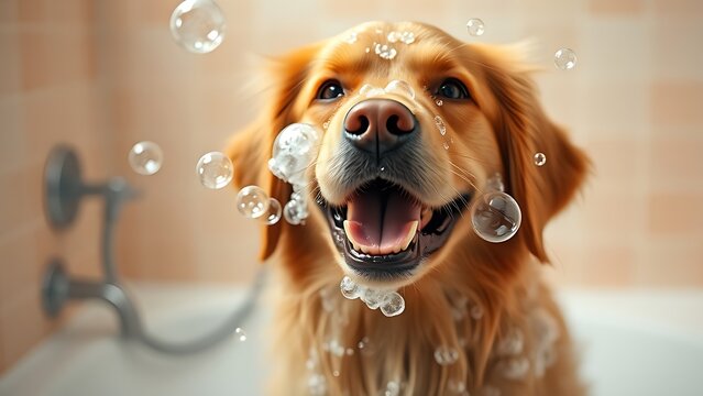 Playful golden retriever covered in soap bubbles, exuding joy against a soft pastel background.