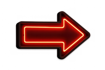 Red glowing neon arrow sign pointing right, showing direction, guidance, and navigation on transparent background