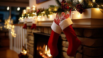 Defocused warm-toned Christmas scene — stockings with candy, glowing garlands, flickering fireplace — peaceful festive atmosphere, with copy space