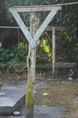 Rustic wooden gate with netting and greenery.