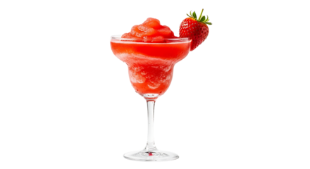 A vibrant strawberry daiquiri, blended and served in a clear glass with a fresh strawberry garnish; a delicious treat.