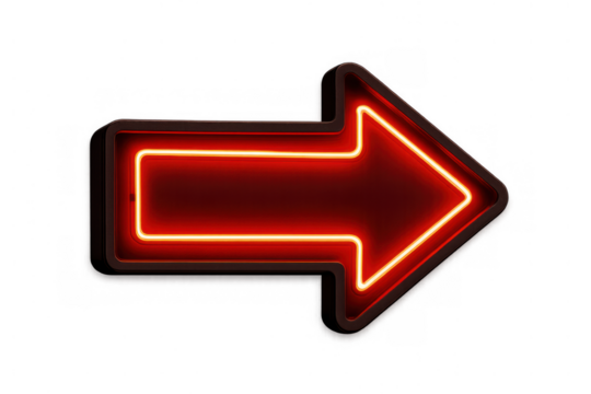 Red glowing neon arrow sign pointing right, showing direction, guidance, and navigation on transparent background