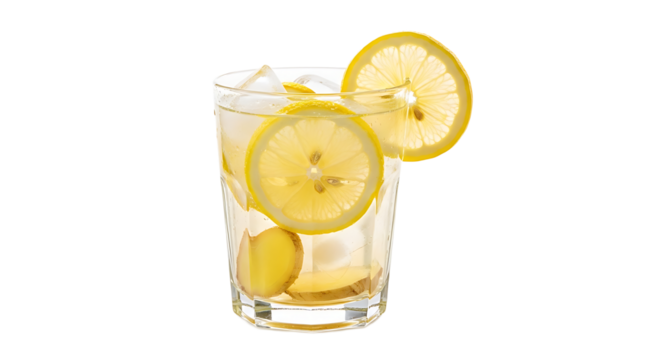 A refreshing, translucent beverage with slices of lemon and ginger, set against a stark transparent background.
