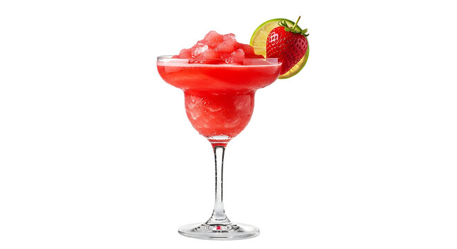 Refreshing strawberry daiquiri in a glass, garnished with a strawberry and lime slice against a stark transparent background.