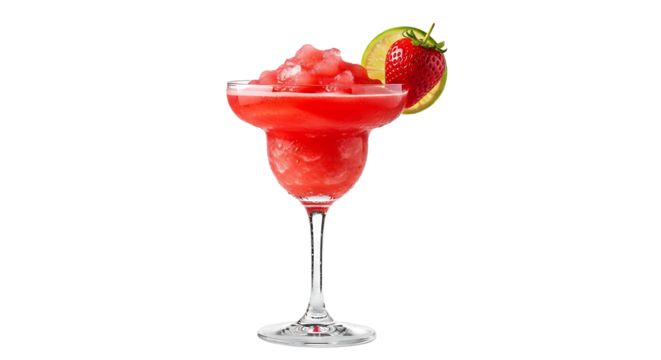 Refreshing strawberry daiquiri in a glass, garnished with a strawberry and lime slice against a stark transparent background.