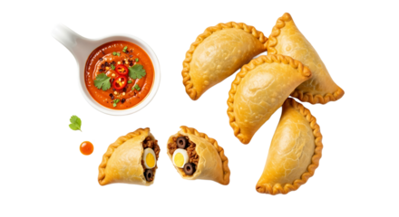 Delight in the golden, savory perfection of warm empanadas and a spicy dipping sauce. Taste the culinary tradition today!