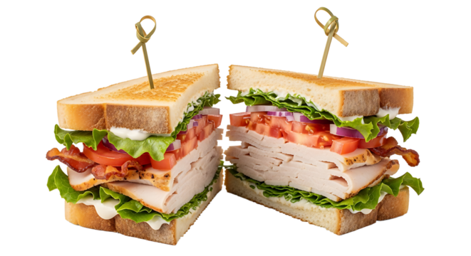 Two halves of a delicious looking sandwich with turkey and bacon are shown against a contrasting transparent background.