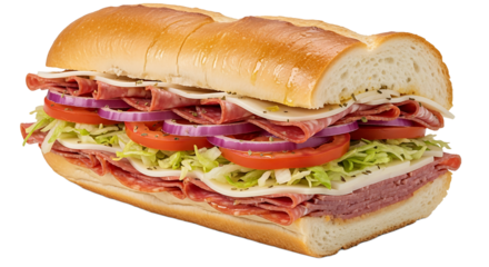 Indulge in a hearty sub, featuring layers of fresh lettuce, salami, cheese, and juicy tomato slices and onion rings.