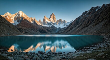 Majestic mountain range with snow-capped peaks reflected in calm, turquoise lake water