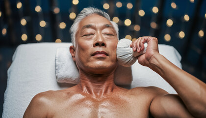 A serene senior Asian man receiving a traditional herbal compress ball facial massage for relaxation at a luxury wellness spa