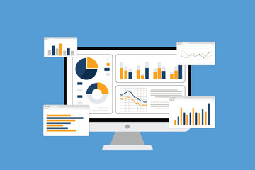 Data analytics and monitoring concept, web dashboard with charts and graphs on computer screen, business financial report and performance analysis. Flat vector illustration.