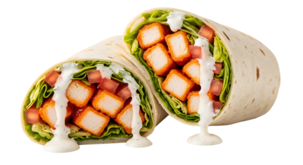 Savor a flavorful sensation with this chicken wrap, a perfect blend of succulent chicken and fresh ingredients, a tasty choice.