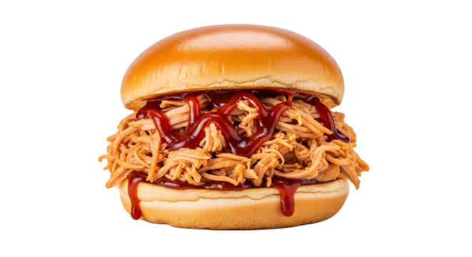 A delectable pulled meat sandwich is drizzled with savory sauce, held within a perfectly toasted, golden bun, ready to enjoy.