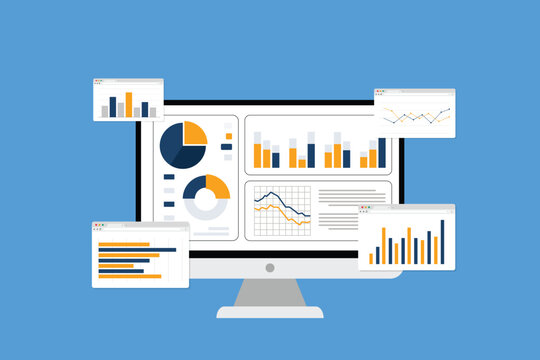Data analytics and monitoring concept, web dashboard with charts and graphs on computer screen, business financial report and performance analysis. Flat vector illustration.