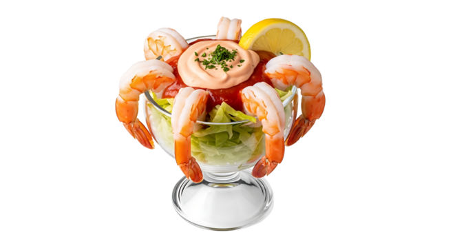 This is a shrimp cocktail with a lettuce base and a lemon on top, it looks really tasty and can be a nice treat.