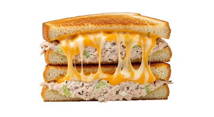 Stacked tuna salad sandwich with melting cheese, showcasing a warm and savory comfort food experience with toasted bread.
