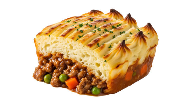 This shepherd's pie features a savory meat filling topped with mashed potatoes, garnished with fresh herbs and vegetables. - Powered by Adobe