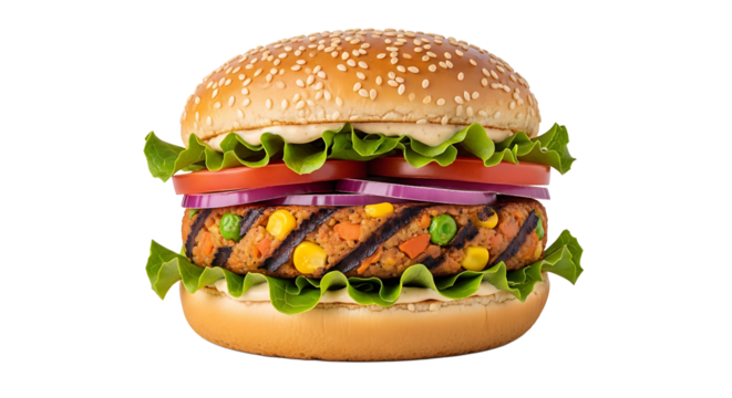 A veggie burger topped with fresh lettuce, sliced tomatoes, red onions, and sauce, all between sesame seed buns.