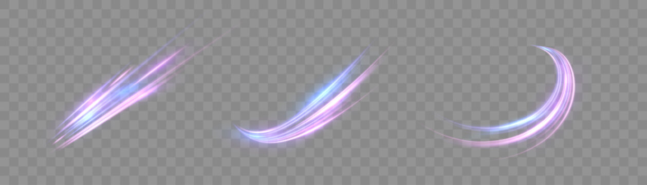 Set of pastel magic light swipes with pink and blue glow on transparent background. Curved streak elements for game effects and UI overlays.