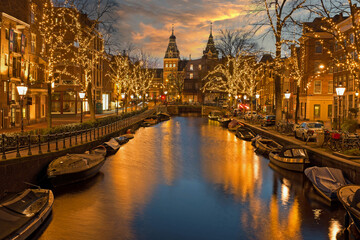 Christmas time in Amsterdam with the Rijksmuseum in Netherlands at twilight
