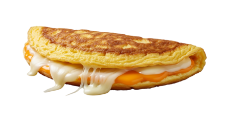 A savory omelet filled with layers of melting cheeses and an orange filling, set against a solid transparent background.