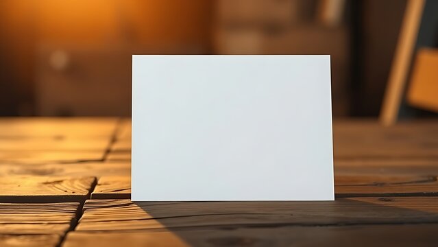 Blank greeting card resting on a rustic wooden surface with warm ambient light.