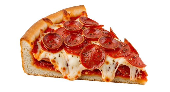 A delectable slice of pizza loaded with pepperoni and gooey, melted cheese on a crusty base. Perfect for a quick bite.