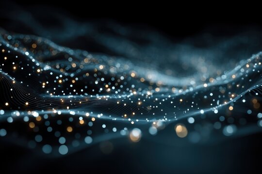 Golden and white digital dots flowing along a network of connected lines with a dark background