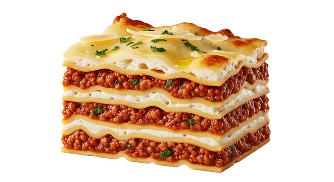 A delectable square of layered lasagna with meat, cheese, and sauce, garnished with herbs, ready to be served and enjoyed.