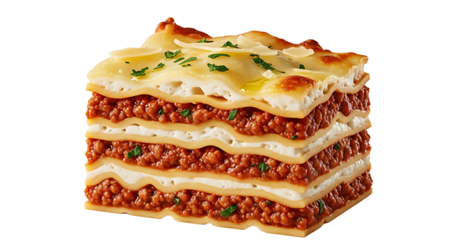A delectable square of layered lasagna with meat, cheese, and sauce, garnished with herbs, ready to be served and enjoyed.
