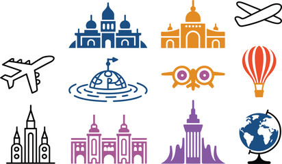 Fototapeta premium Explore the world with iconic travel and destination symbols