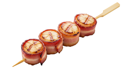 A savory appetizer skewer featuring grilled scallops wrapped in crispy bacon, perfect for a culinary treat and easy snacking.