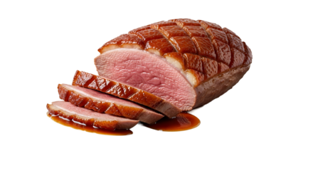 A perfectly roasted duck breast, showcasing a succulent texture and rich flavor, served in a warm brown gravy.