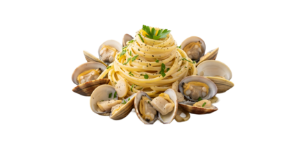 Delicious spaghetti alle vongole, featuring pasta with clams, garlic, parsley, and olive oil, on a dark surface. 