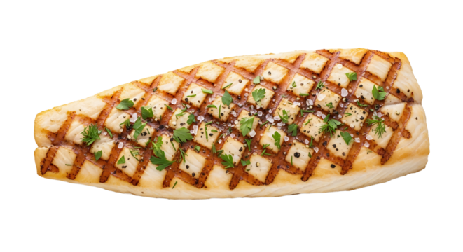 A grilled fish fillet is topped with fresh herbs and a sprinkling of salt. The diamond grill marks adds a visually appealing touch.