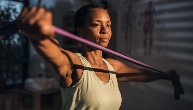 Mature woman strengthening her upper body with a resistance band during a home workout session for physical therapy and wellness